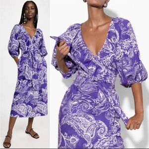 NWT Mara Hoffman Fila Midi Off Shoulder Wrap Dress Purple 3/4 Puff Sleeves XXS